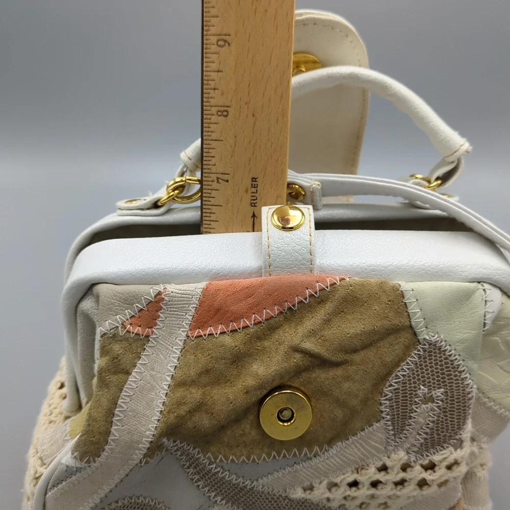 Vtg 80s White Pastel Patchwork Purse Leather Crochet‎ Shoulder Handbag Crossbody